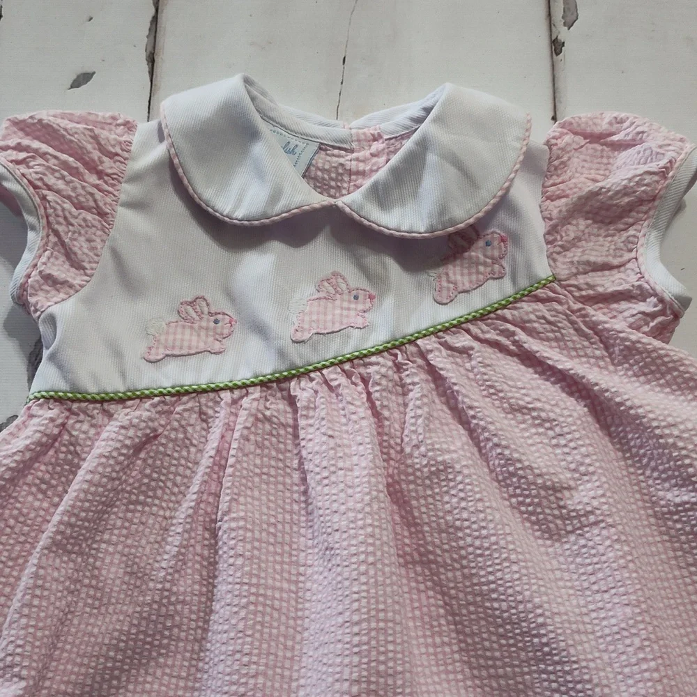 Little English Pink Seersucker Dress Easter Bunny  Size 2t Peter Pan Collar - Picture 4 of 5